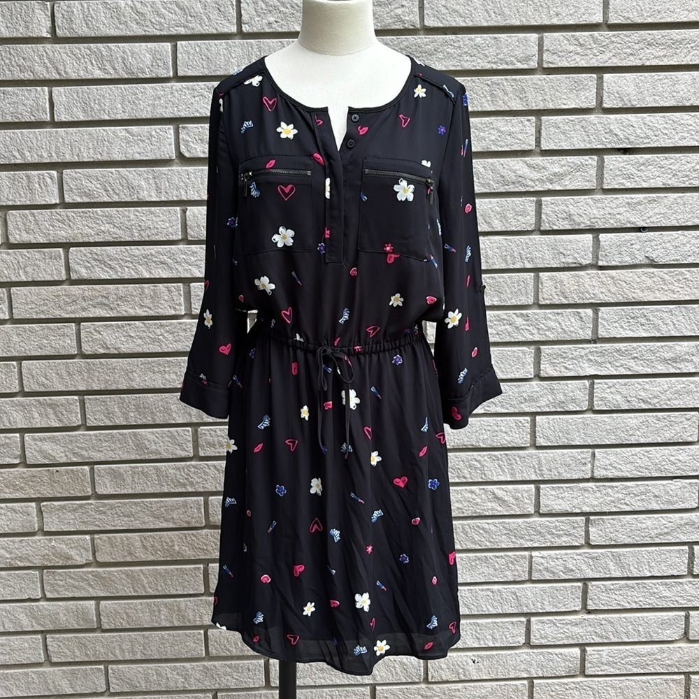 Reitmans Black Printed Dress with 3/4 Sleeves and Elastic Waist Size S